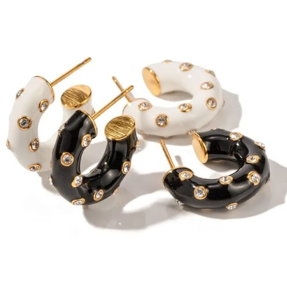 White Enamel Diamond C Shape Hoop Huggie Earrings 18K Gold Plated - Picture 2 of 3